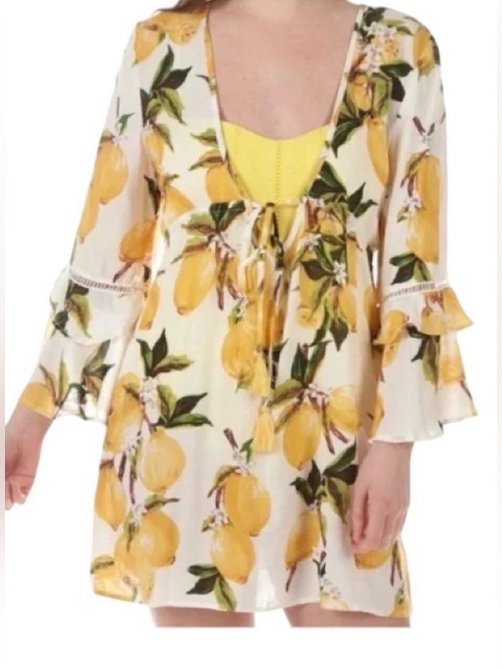 Blue Island Lemon Print Faux Wrap Rayon Dress Size Small